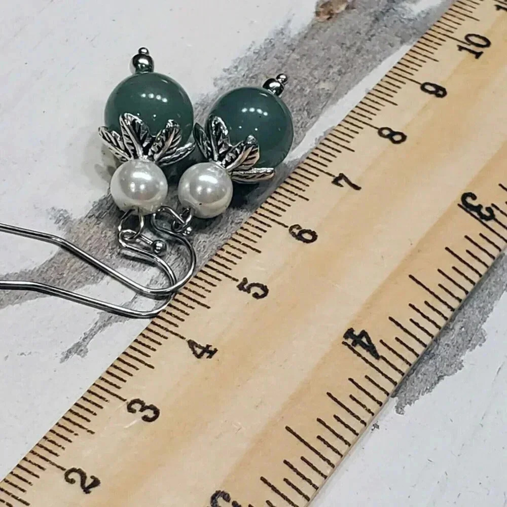 Handcrafted Malaysia Jade Gemstone White Faux Pearl Silver Dangle Earrings - Picture 9 of 9